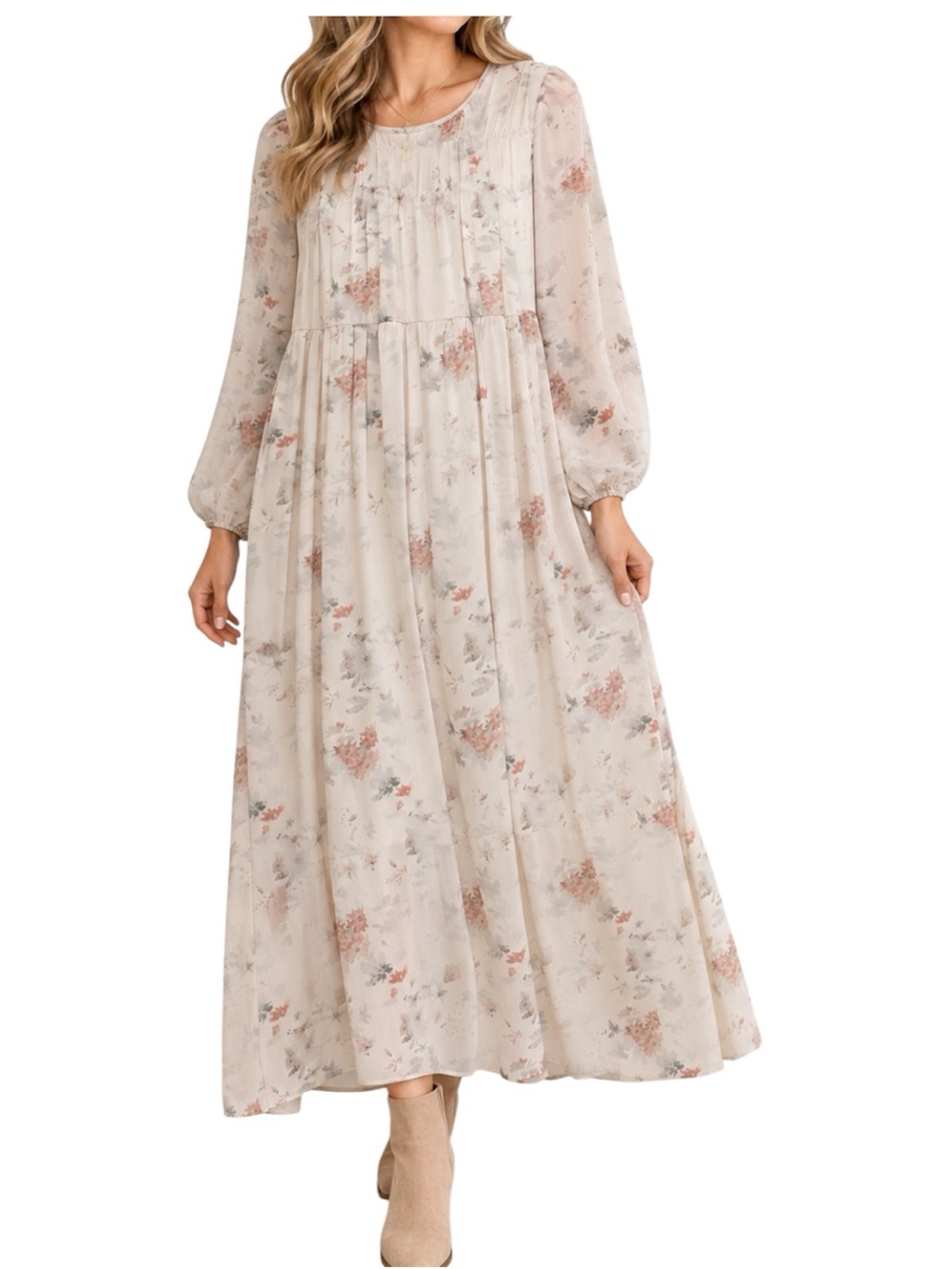 DAZY Womens Small Ivory Floral Maxi Dress Long Sleeve Tiered Boho Cottagecore